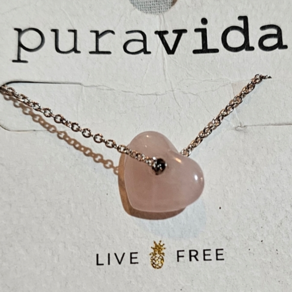 Puravida Rose Quartz Stone Heart-Shaped Silver-Tone Necklace Adjustable Nwt